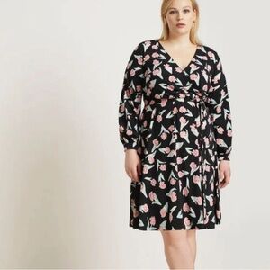 Eloquii Floral Long Sleeve Wrap Black White Work Career Dress Size 24